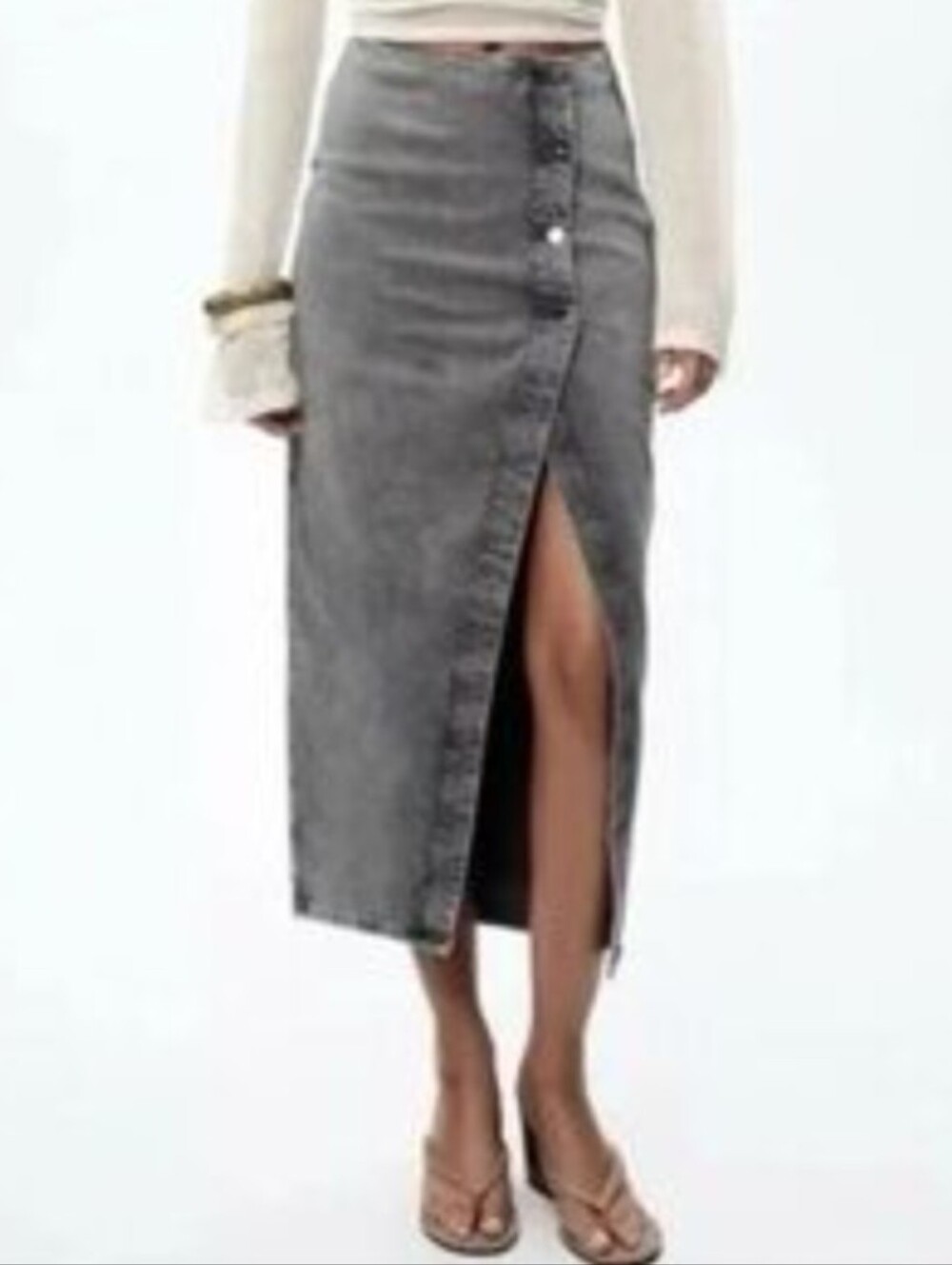 Zara Gray Denim Button-Front Midi Wrap Skirt Size Xs Excellent Condition